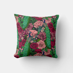 Peacocks in the rose garden 2 throw pillow