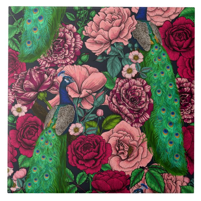 Peacocks in the rose garden 2 tile (Front)