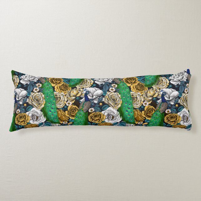 Peacocks in the rose garden 3 body pillow (Front)