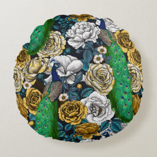Peacocks in the rose garden 3 round pillow