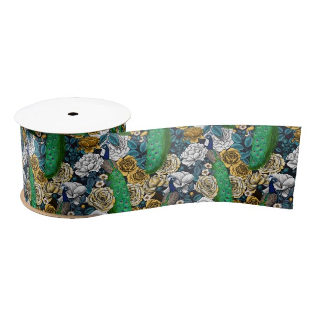 Peacocks in the rose garden 3 satin ribbon (Spool)