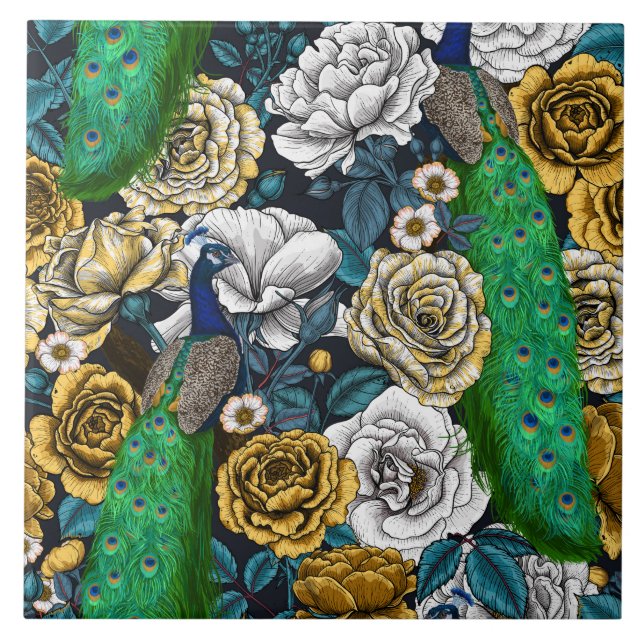 Peacocks in the rose garden 3 tile (Front)
