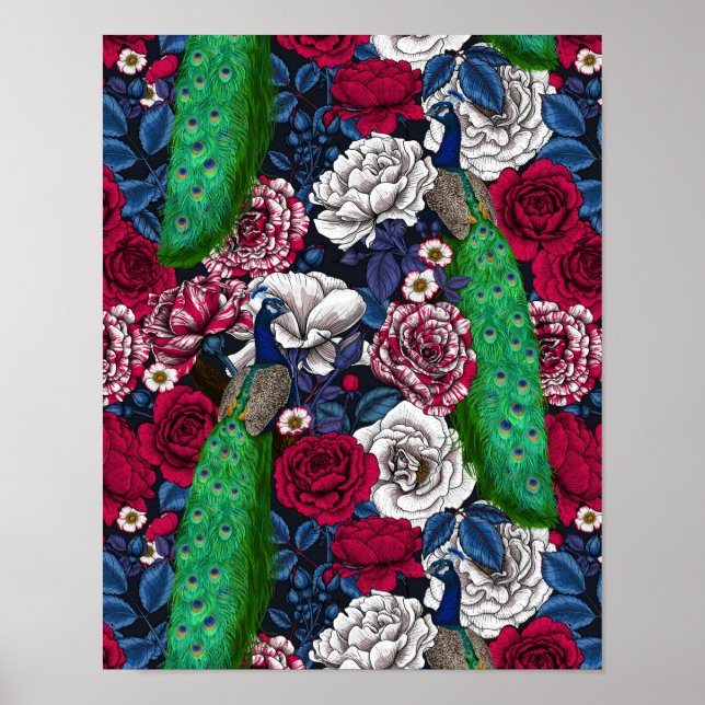 Peacocks in the rose garden poster (Front)
