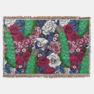 Peacocks in the rose garden throw blanket