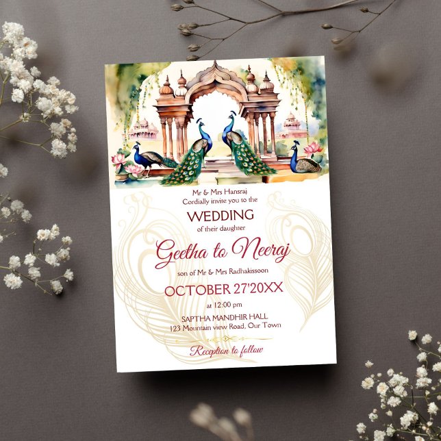 Peacocks lotus garden Indian wedding template (Peacocks in Indian Victorian lotus garden editable template invitation digital download watercolor)
