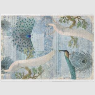 Peacocks n Feathers White Blue Craft Decoupage  Tissue Paper