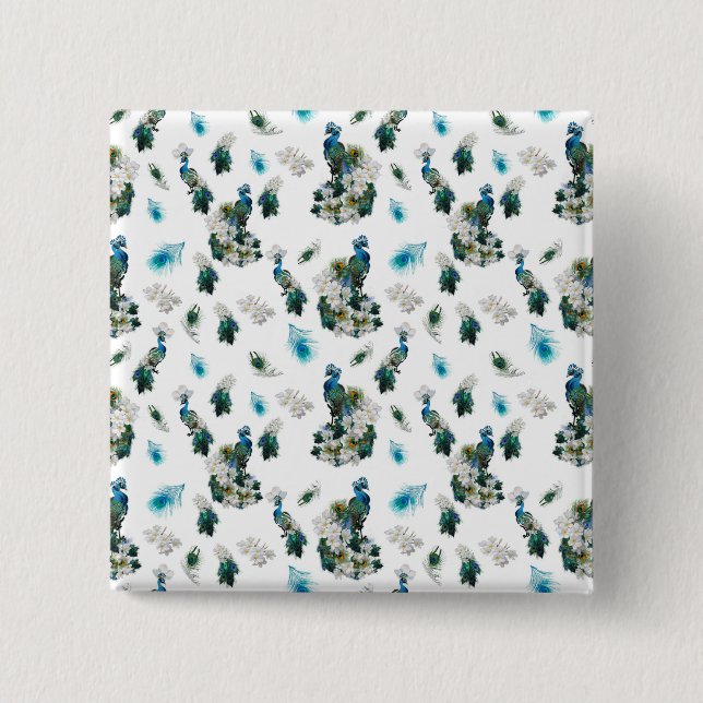Peacocks on a white Running Pattern 2 Inch Square Button (Front)