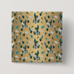 Peacocks on Gold Metallic Silk 2 Inch Square Button