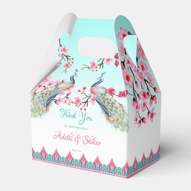 Peacocks pink blossoms ombre aqua blue  favor box (Front Side)