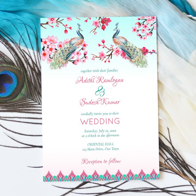 Peacocks pink blossoms ombre pink and blue  invitation (Creator Uploaded)