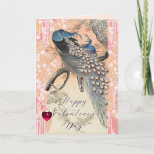 PEACOCKS,PINK SAKURA FLOWERS Floral Valentine Day Holiday Card