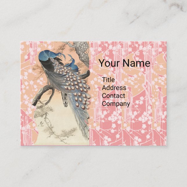 PEACOCKS,PINK WHITE SAKURA FLOWERS Japanese Floral Business Card (Front)
