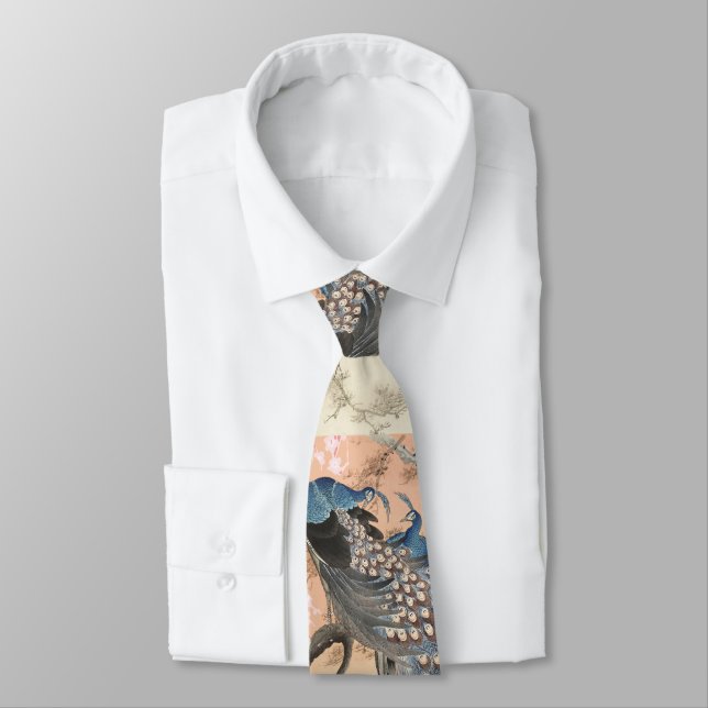 PEACOCKS,PINK WHITE SAKURA FLOWERS Japanese Floral Tie (Tied)
