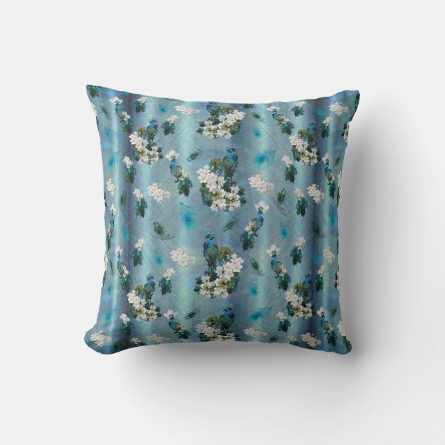 Peacocks - White Flowers Emerald Green Silk Throw Pillow (Front)