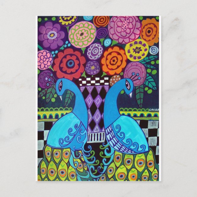 Peacocks with Flowers Art by heather Galler Postcard (Front)