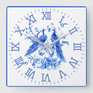 Peacocs Porcelain Bleu Mur Horloge