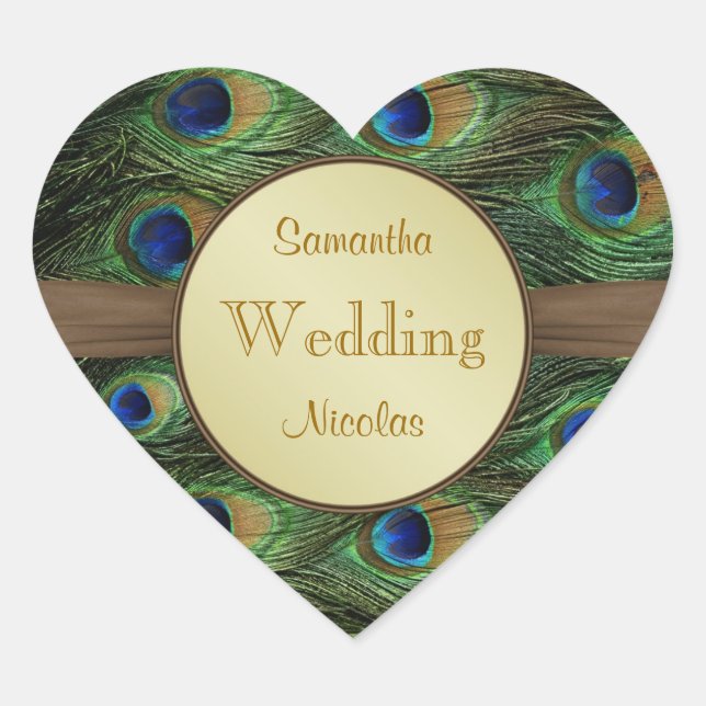 Peacok's feathers heart shaped Wedding Sticker (Front)