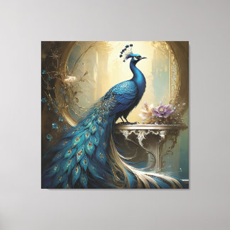 Peacook and Flowers Stretched Canvas Print