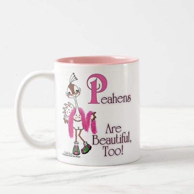 Peahens Are Beautiful, Too! Two-Tone Coffee Mug (Left)