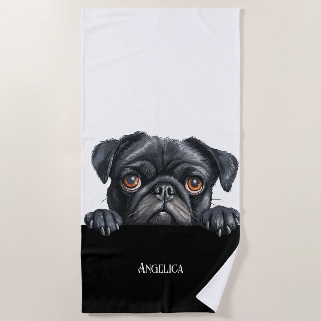 Peaking pug dog funny cute dog owner summer pool  beach towel (Front)