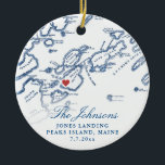 Peaks Island Maine Map Newlywed Photo Christmas Ceramic Ornament<br><div class="desc">Commemorate your Peaks Island wedding with our personalized wedding keepsake Christmas ornament, featuring an elegant map of Casco Bay on the front and your wedding photo on the back. Perfect for couples married at The Inn on Peaks Island or Jones Landing, this ornament captures the essence of your special day....</div>