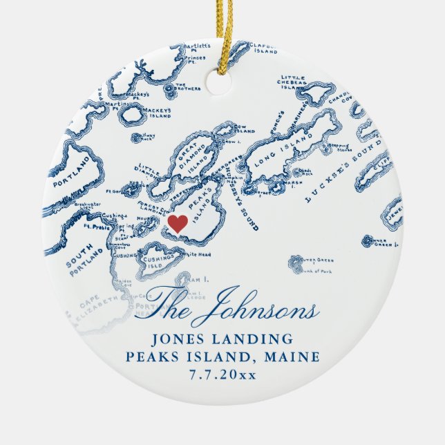 Peaks Island Maine Map Newlywed Photo Christmas Ceramic Ornament (Front)