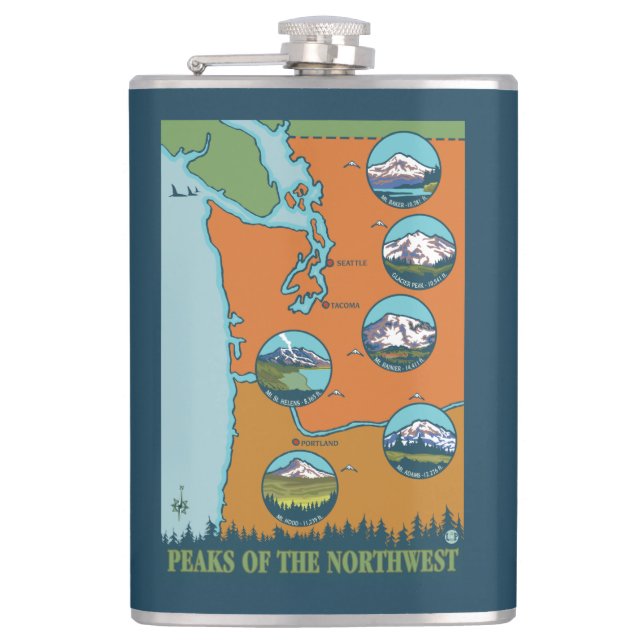 Peaks of the Northwest - 5 Different Mountains Hip Flask (Front)