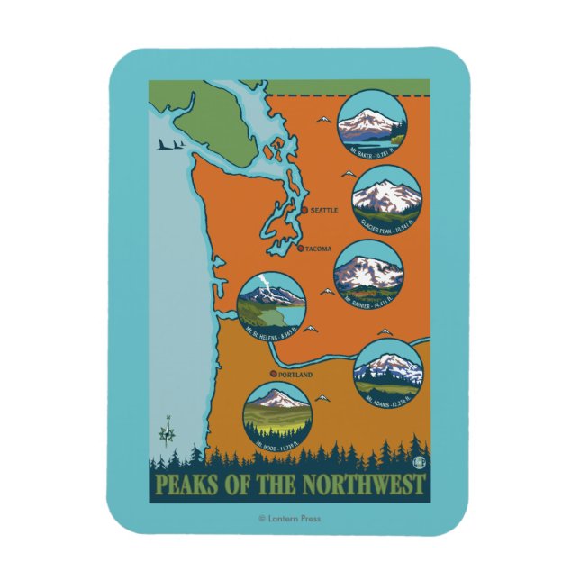 Peaks of the Northwest - 5 Different Mountains Magnet (Vertical)