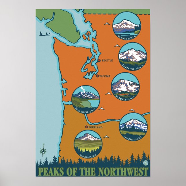 Peaks of the Northwest - 5 Different Mountains Poster (Front)