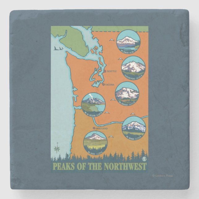 Peaks of the Northwest - 5 Different Mountains Stone Coaster (Front)
