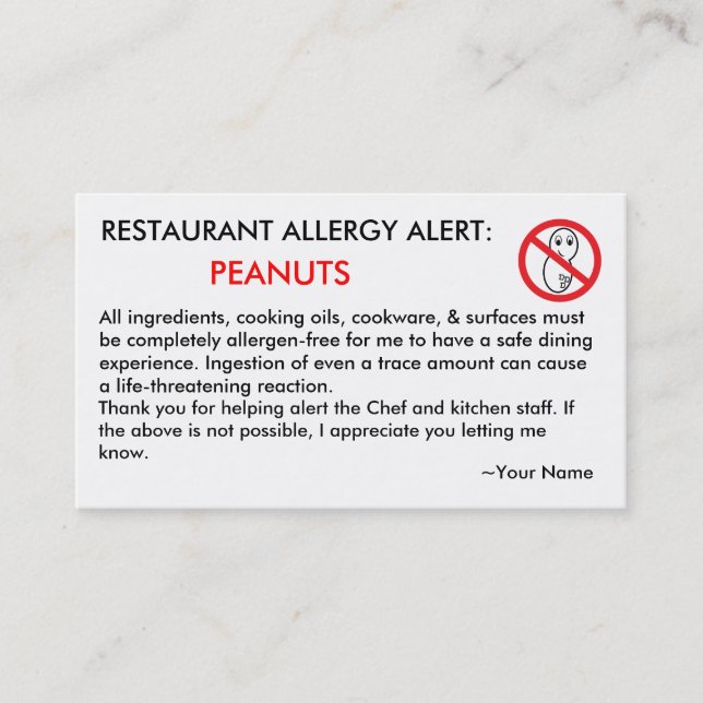 Peanut Allergy Restaurant & ICE Card (Front)