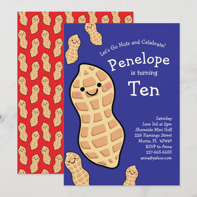 Peanut Birthday Party Kids Cute Nut Cartoon Invitation (Front/Back)