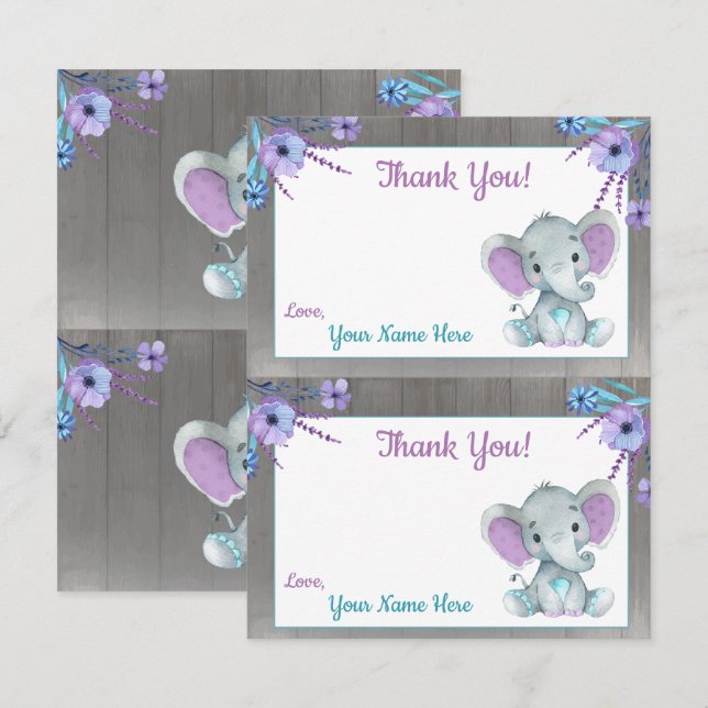Peanut Elephant Thank You Cards 2 PAGE Purple Teal (Front/Back)