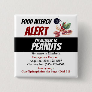 Peanut Food Allergy Alert Warning 2 Inch Square Button