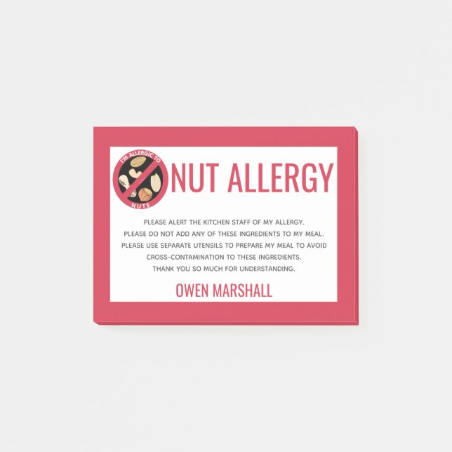 Peanut Tree Nut Allergy Alert Restaurant Custom Post-it Notes (Front)