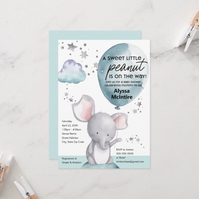 Peanut Watercolor Elephant Baby Shower Invitation (Front/Back In Situ)
