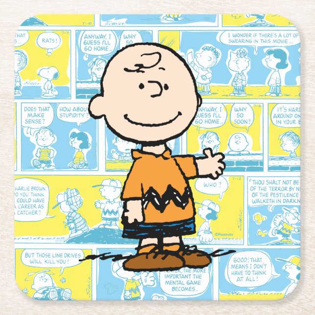 Peanuts | Charlie Brown Comic Pattern Square Paper Coaster (Front)