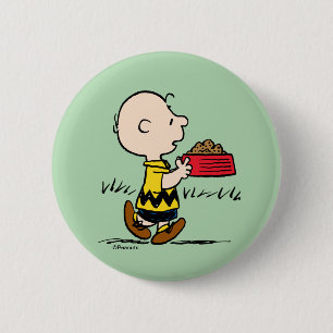 Peanuts   Charlie Brown with Snoopy's Dish 2 Inch Round Button