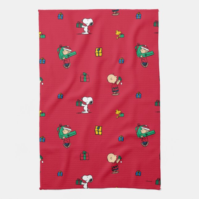 Peanuts | Christmas Gift Giving Red Kitchen Towel (Vertical)
