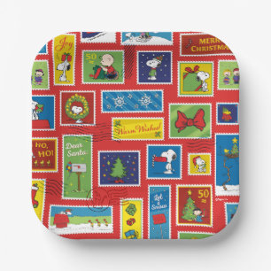 Peanuts   Christmas Postage Stamps Pattern Paper Plate