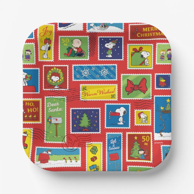 Peanuts | Christmas Postage Stamps Pattern Paper Plate (Front)
