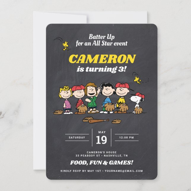 Peanuts Gang | Chalkboard Baseball Birthday Invita Invitation (Front)