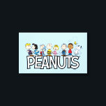 Peanuts Gang Group Lineup Canvas Print<br><div class="desc">Check out this lineup of the Peanuts gang together,  featuring Schroeder and Lucy,  Linus with his blanket,  Charlie Brown and his sister Sally,  Pigpen,  Franklin watching Snoopy dance,  and Woodstock flying overhead.</div>