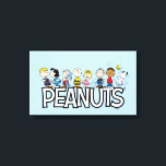 Peanuts Gang Group Lineup Canvas Print<br><div class="desc">Check out this lineup of the Peanuts gang together,  featuring Schroeder and Lucy,  Linus with his blanket,  Charlie Brown and his sister Sally,  Pigpen,  Franklin watching Snoopy dance,  and Woodstock flying overhead.</div>