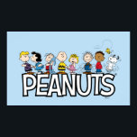 Peanuts Gang Group Lineup Poster<br><div class="desc">Check out this lineup of the Peanuts gang together,  featuring Schroeder and Lucy,  Linus with his blanket,  Charlie Brown and his sister Sally,  Pigpen,  Franklin watching Snoopy dance,  and Woodstock flying overhead.</div>