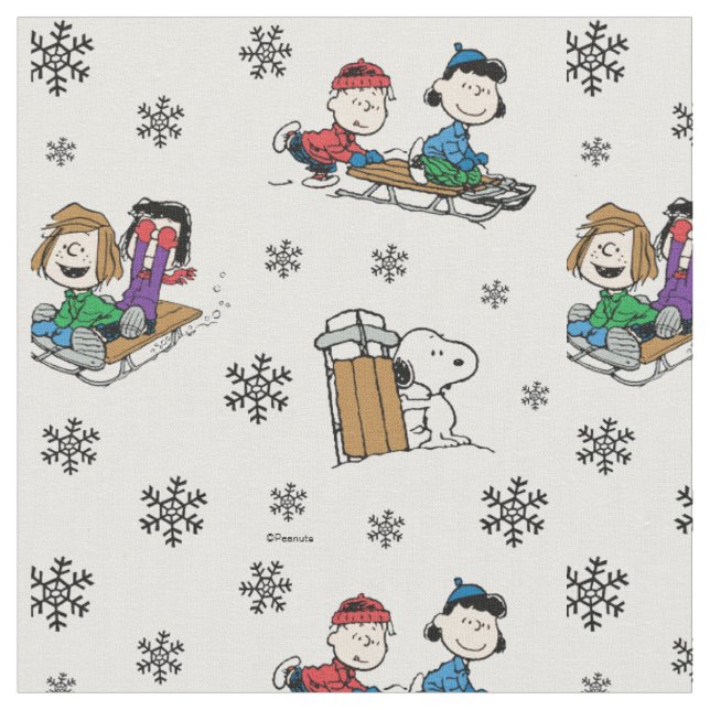Peanuts Gang Sledding and Snowflakes Fabric (Close Up)