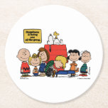 Peanuts | Happiness is Being One of the Gang Round Paper Coaster<br><div class="desc">Happiness is indeed being part of the Peanuts gang, as depicted in the beloved comic strip and its various adaptations. The Peanuts characters, despite their flaws and struggles, find joy in their close-knit friendships and shared experiences.</div>
