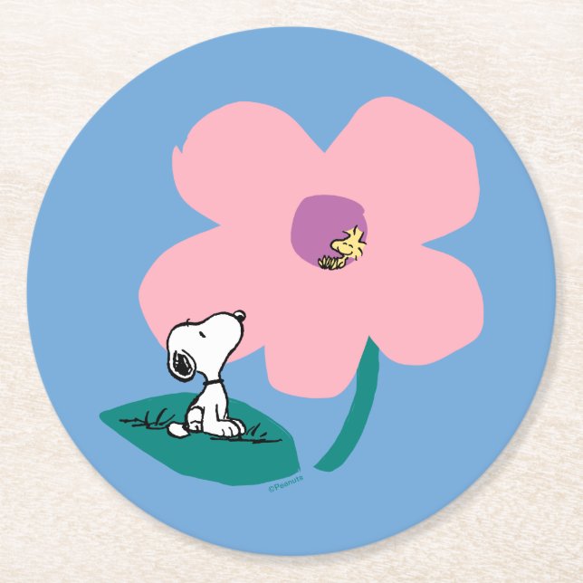 Peanuts | Illustrating Nature Pink Flower Round Paper Coaster (Front)
