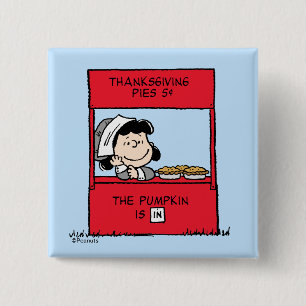 Peanuts   Lucy Pilgrim Pie Stand 2 Inch Square Button
