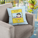 Peanuts | Lucy & the Doctor Is In Throw Pillow<br><div class="desc">Lucy is the crabby,  bossy and opinionated girl who bullies most other characters in the comic strip,  particularly Linus and Charlie Brown. Check out this cute Peanuts design featuring Lucy and her advice stand.</div>